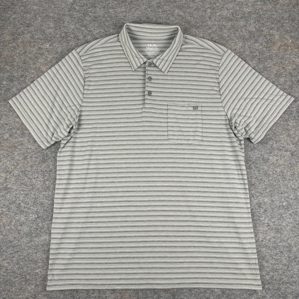 Huk Performance Polo Shirt Striped Pocket Gray Mens XL